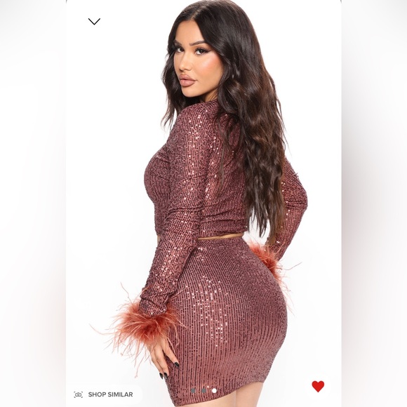 Fashion Nova Love Affair sequin feather sleeve skirt set holiday pink bronze - Picture 2 of 3